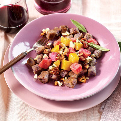 Purple Peruvian Gnocchi with Beets, Walnuts, Brown Butter and Gorgonzola Dolce