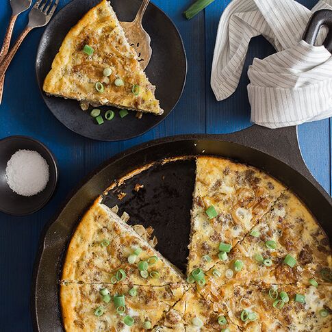 Sausage & Caramelized Onion Quiche with Hash Brown Crust