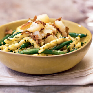 Poached Idaho® Potatoes with Trofie Pasta, Green Beans and Pesto