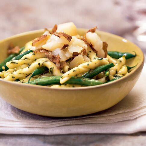 Poached Idaho® Potatoes with Trofie Pasta, Green Beans and Pesto