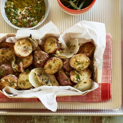  Schmaltz-Roasted Idaho® Potatoes with Grilled Onions and Salsa Verde