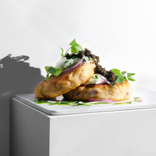 Mashed Potato Pancake with Whipped Fromage, Caviar and Chive