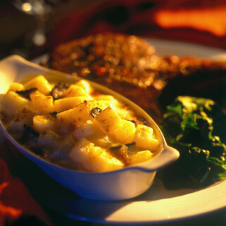 Potato and Salsify Gratin with Black Truffle and Gruyére