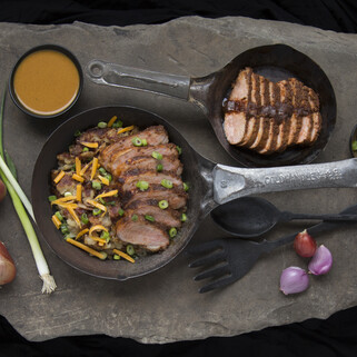 Refried Idaho Mashed Potatoes with BBQ Pork Tenderloin
