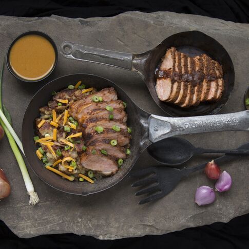 Refried Idaho Mashed Potatoes with BBQ Pork Tenderloin