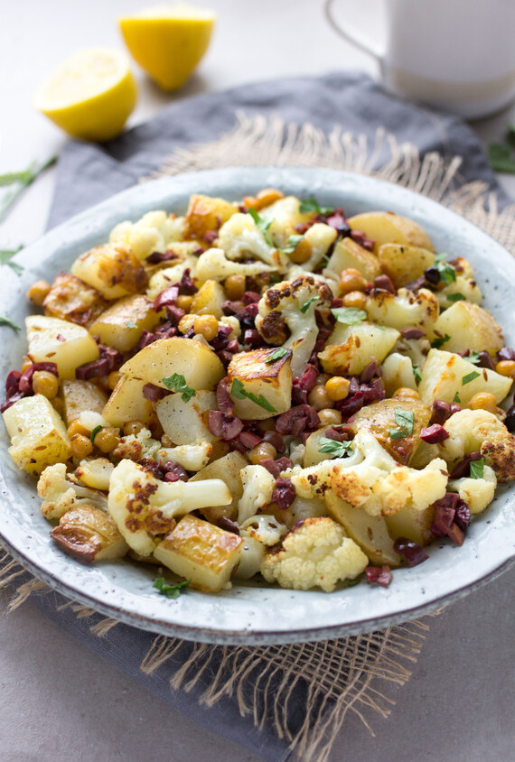 Roasted Idaho® Potatoes, Cauliflower and Chickpeas with Kalamata Olive Vinaigrette