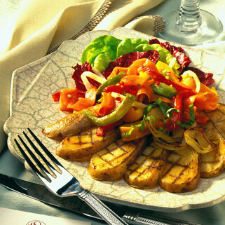 Grilled Potato and Spanish Sweet Onion Salad with Smoked Salmon and Roasted Bell Pepper