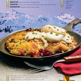 Norwegian Idaho® Potato Pancake with Poached Eggs, Jarlsberg Cheese Sauce and Cranberry Relish