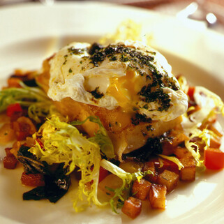 Halibut with a Potato Crust, Potato Smoked Bacon Hash and a Poached Egg, Parsley and Lemon Brown Butter