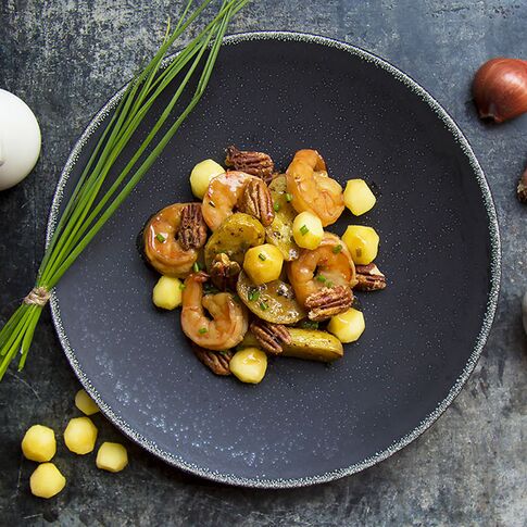 Roasted Idaho® Fingerlings with Rock Shrimp Jenkins, Poached Apples & Spiced Pecans