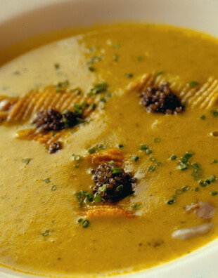 Oyster and Idaho® Potato Bisque with Madras Curry and Caviar Potato Chips 