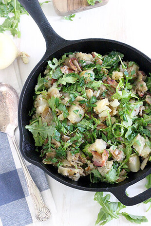 Skillet Potato Salad with Bacon and Arugula