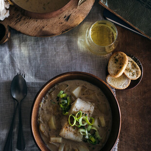 Baked Cod with Leek and Potato Soup