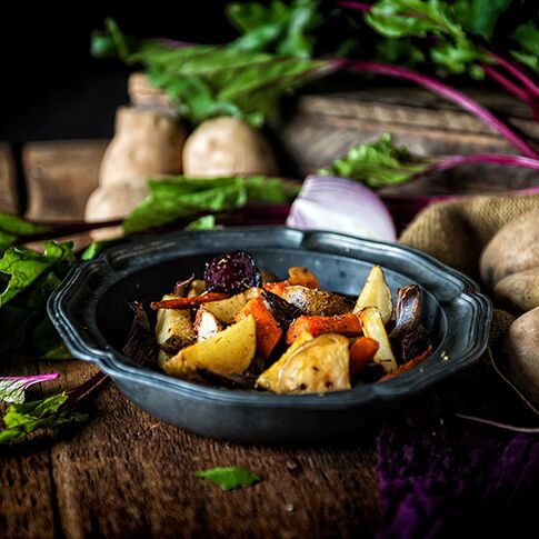 Roasted Carrots, Beets, Red Onion Wedges and Idaho® Potatoes