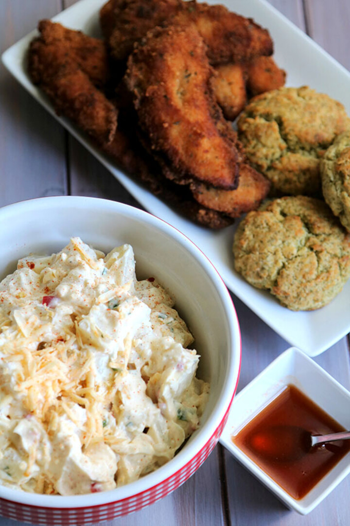 Pimento Cheese Potato Salad with Fried Chicken Tenders and Potato Cheddar Dill Biscuits