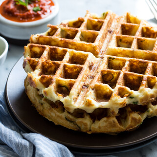 Ham & Cheddar Mashed Potato Waffles with Roasted Red Pepper Sauce