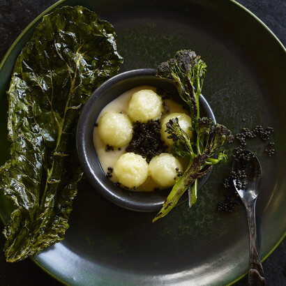 Potatoes with Osetra Caviar, Burned Brassicas