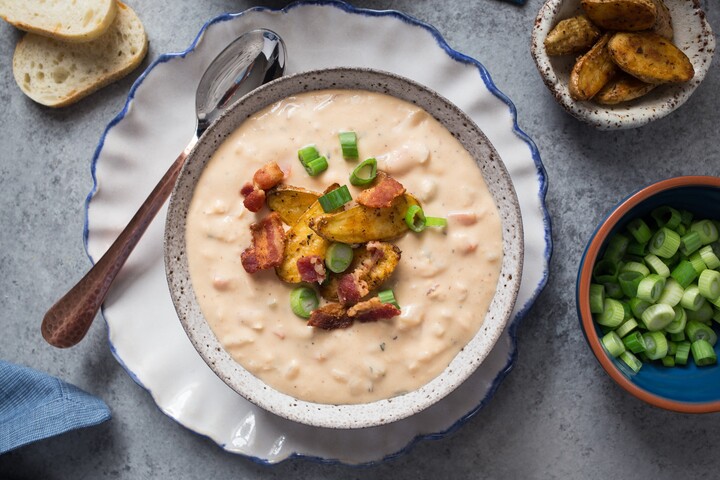 Bacon Beer Cheese Soup with Crispy Idaho® Potato Croutons