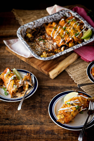 Green and Red Breakfast Enchiladas with Idaho® Potatoes