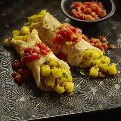 Mung Bean Crepes Stuffed with Spicy Idaho® Potatoes and Served with Heirloom Tomato Relish  