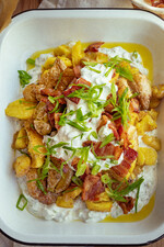 Crispy Smashed Potato Salad with Green Onions & Bacon