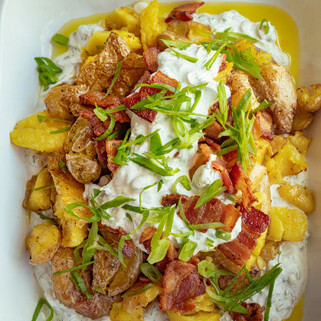 Crispy Smashed Potato Salad with Green Onions & Bacon