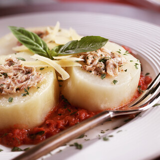 Big Potatoes Stuffed with Chicken Verde and Fresh Tomato Sauce
