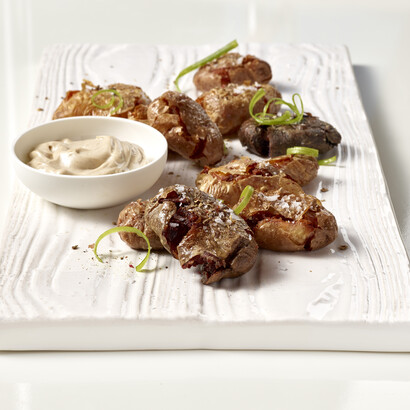 Fingerling Potato Tostones with Black Garlic Aïoli