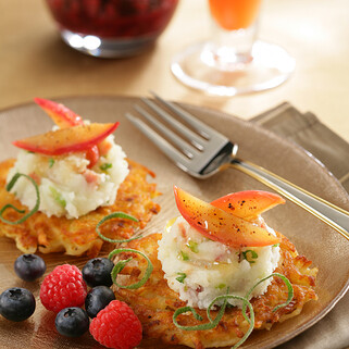 German Potato Pancakes with Mashed Idaho® Potatoes, Caramelized Apples and Sage Infused Honey 