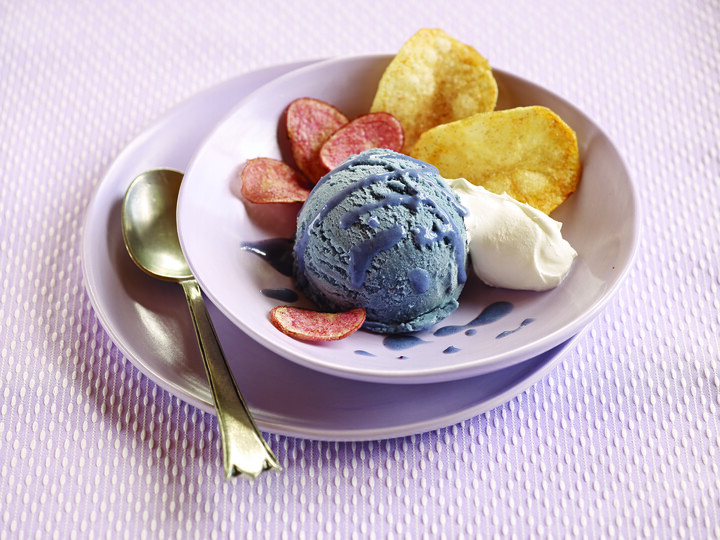 Vanilla Bean And Purple Peruvian Potato Ice Cream With Cinnamon Sugar Potato Chips