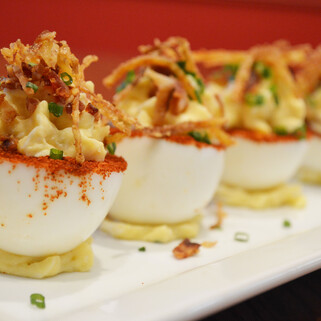 Loaded Potato and Pimento Cheese Deviled Eggs