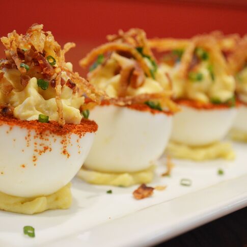 Loaded Potato and Pimento Cheese Deviled Eggs