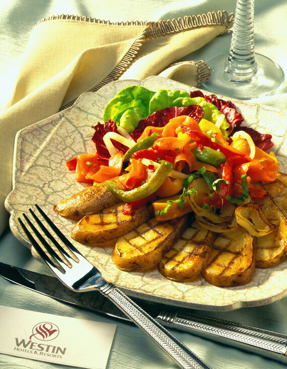 Grilled Potato and Spanish Sweet Onion Salad with Smoked Salmon and Roasted Bell Pepper
