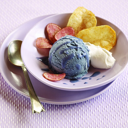 Vanilla Bean And Purple Peruvian Potato Ice Cream With Cinnamon Sugar Potato Chips