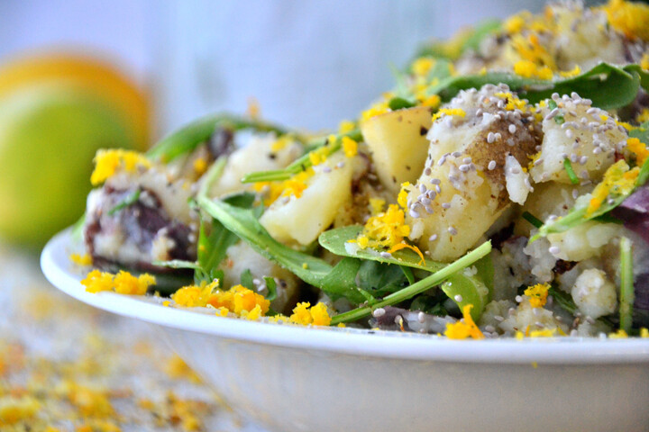 Green and Gold 'Mashed' Potato Salad with Honey Basil Yogurt