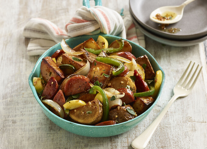 Crispy Idaho® Potatoes with Summer Garden Vegetables and Andouille Sausage