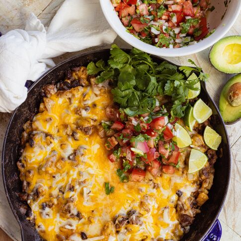 Tex Mex Cheesy Potato & Beef Skillet with Easy Pico de Gallo
