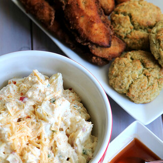 Pimento Cheese Potato Salad with Fried Chicken Tenders and Potato Cheddar Dill Biscuits