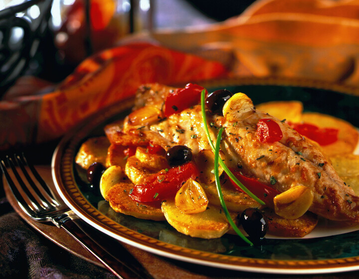 Roasted Yellowtail Snapper with Potatoes, Olives and Tomatoes