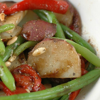 Festive Green Bean, Roasted Red Pepper, Pine Nut & Potato Salad