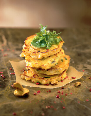 Idaho® Potato Pancakes with Chanterelles, Walnut and Basil Oil
