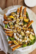 Crispy Chicken Caesar Salad with Potato Croutons & Homemade Dill Pickle Caesar Dressing
