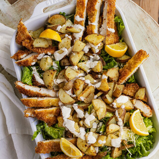 Crispy Chicken Caesar Salad with Potato Croutons & Homemade Dill Pickle Caesar Dressing
