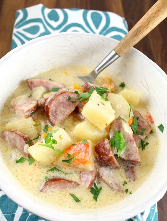 Slow Cooker Cheesy Smoked Sausage and Idaho® Potato Soup 