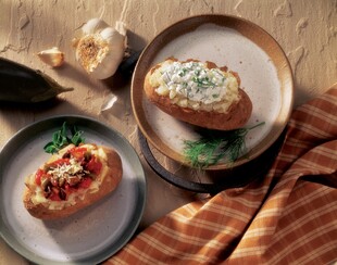 Baked Idaho® Potato with Herbed Cottage Cheese and Baked Idaho® Potato with Eggplant Parmigiana Topping