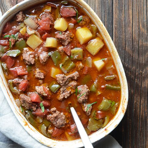 Easy Middle Eastern-Spiced Idaho® Potato, Bell Pepper, and Lamb Casserole with Pomegranate Molasses