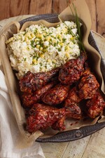 Street Corn Potato Salad with BBQ Chicken Legs 