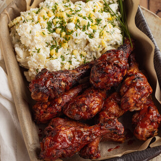 Street Corn Potato Salad with BBQ Chicken Legs 