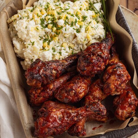 Street Corn Potato Salad with BBQ Chicken Legs 