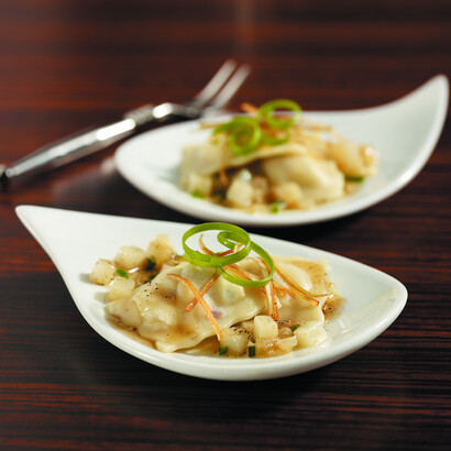 Baked Potato Creme Fraiche Agnolotti, Potato Brown Butter, Pancetta, Truffle Essence